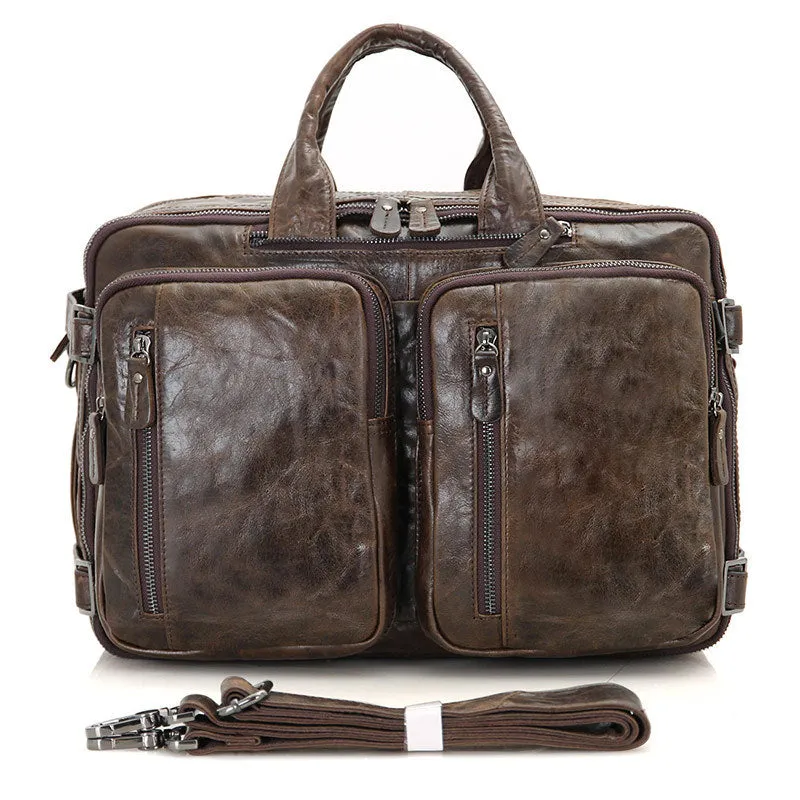 Full Grain Leather Briefcase Convertible Leather Backpack Messenger Shoulder Bag