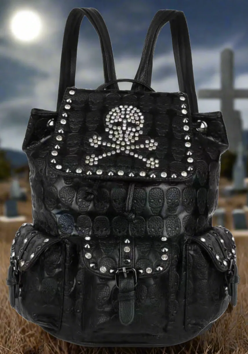 Gothic Skull Rivets PU Leather Backpack with Rhinestone Embellishments