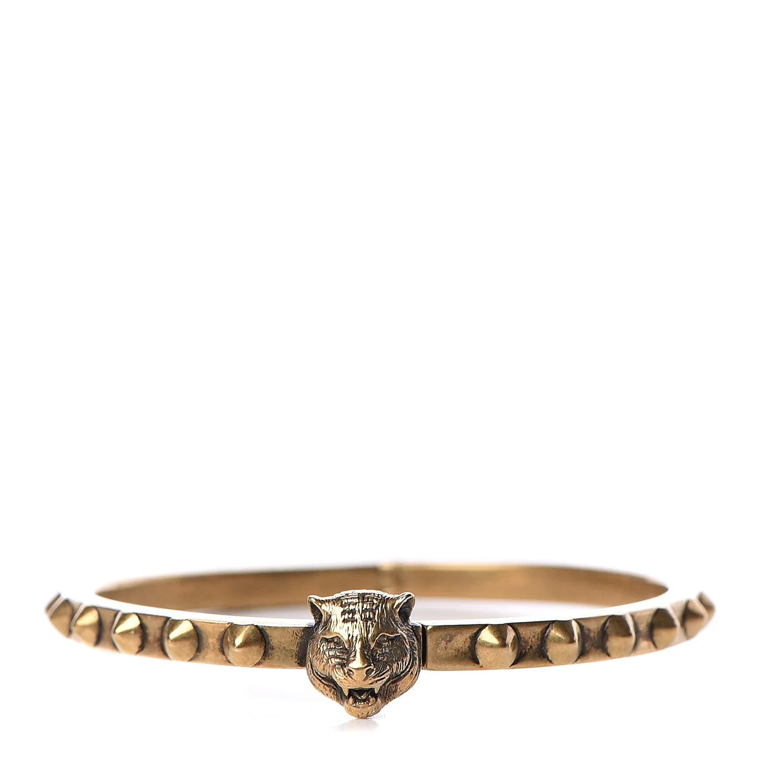 Gucci Metal Studded Feline Head Bracelet in Aged Gold