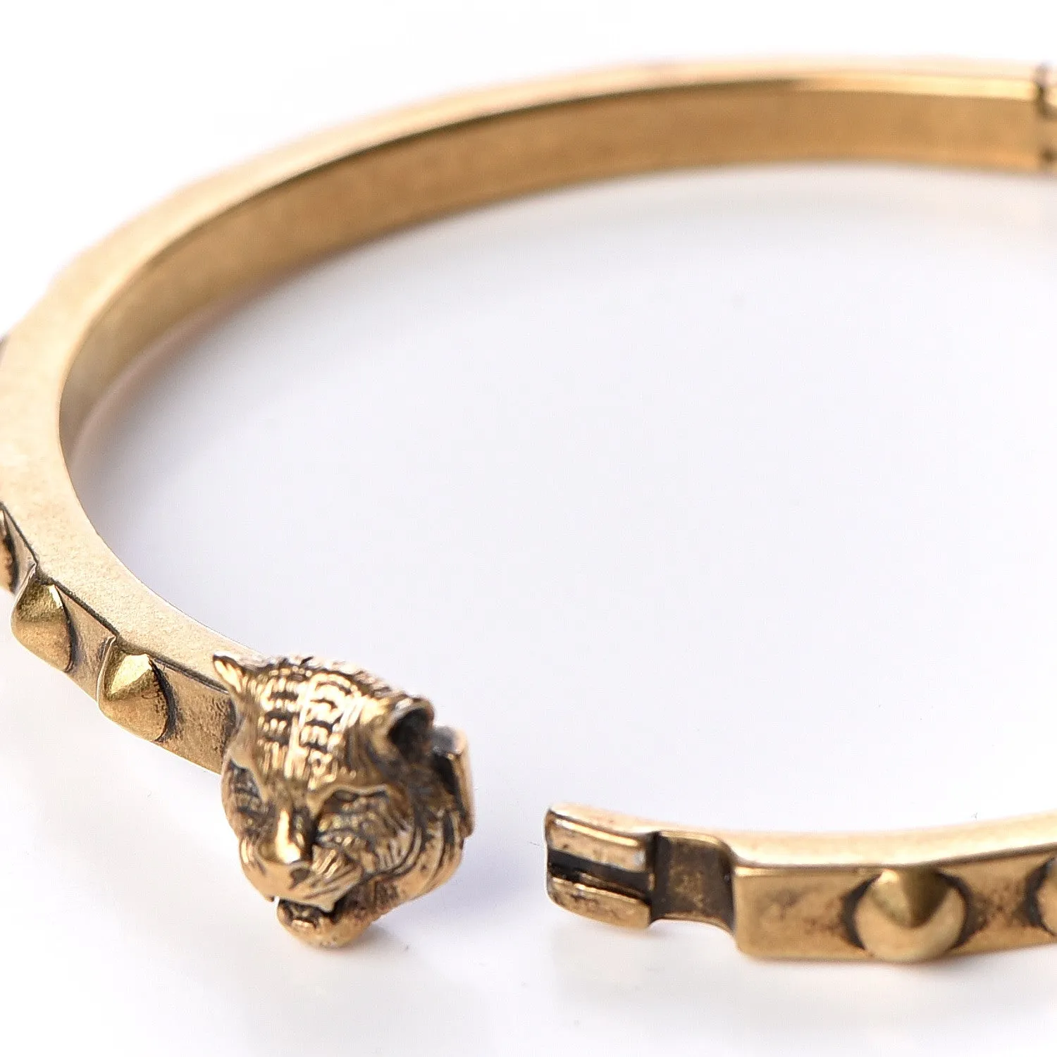 Gucci Metal Studded Feline Head Bracelet in Aged Gold