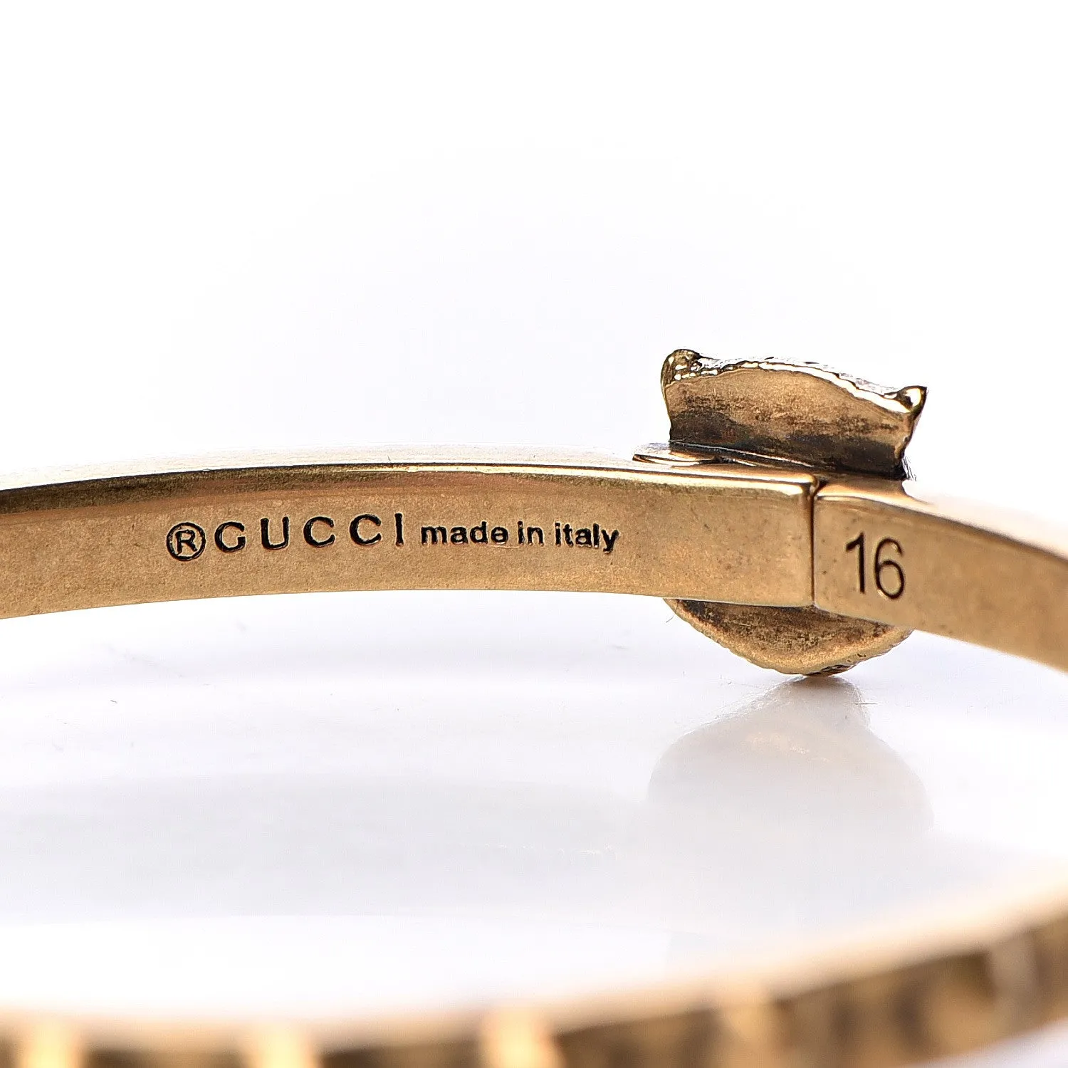 Gucci Metal Studded Feline Head Bracelet in Aged Gold