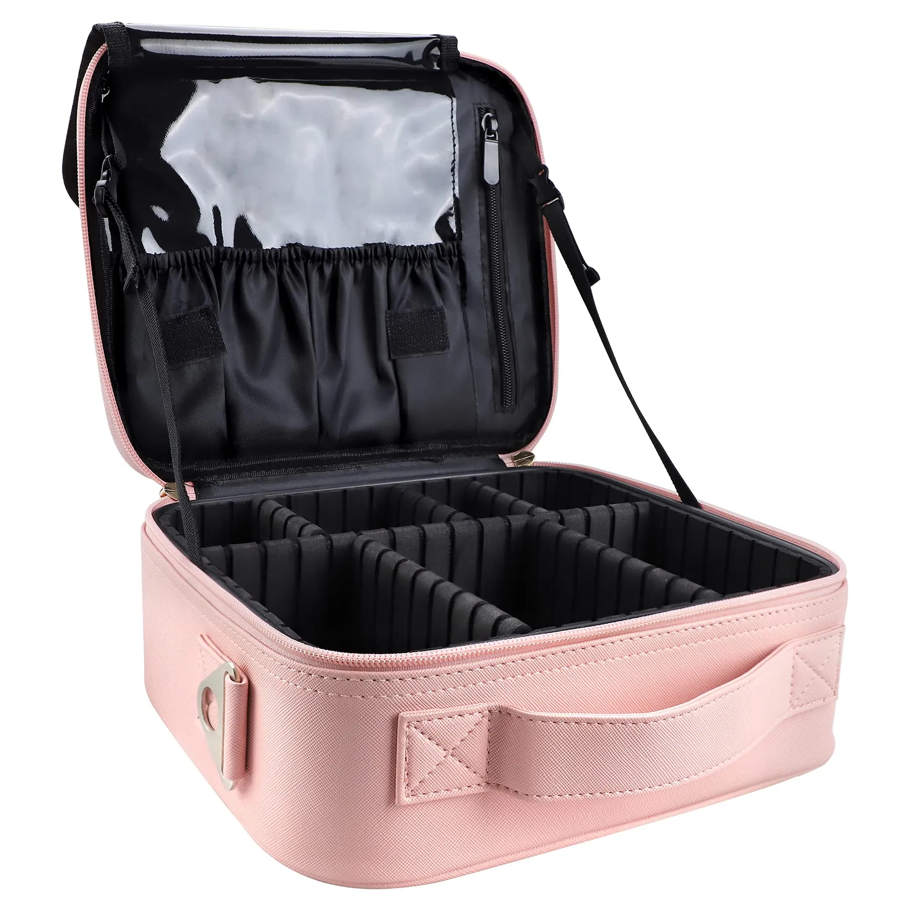 gzcz Makeup Bag Organizer 10.2'' Travel Makeup Train Case Cosmetic Brush Organizer Portable Artist Storage bag with Adjustable Dividers and shoulder strap for Make up Accessories (Cute Pink)