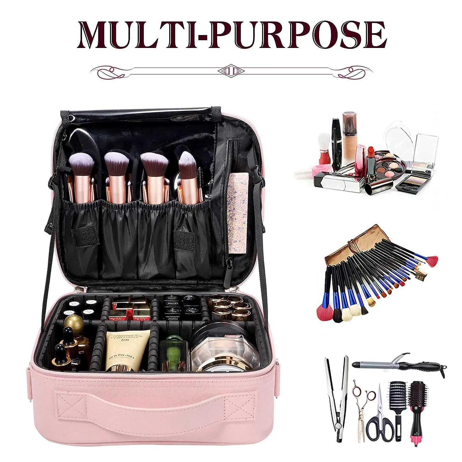 gzcz Makeup Bag Organizer 10.2'' Travel Makeup Train Case Cosmetic Brush Organizer Portable Artist Storage bag with Adjustable Dividers and shoulder strap for Make up Accessories (Cute Pink)
