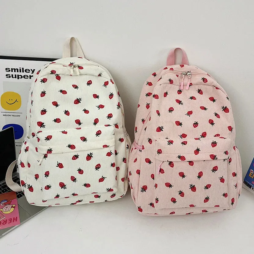 Kawaii Strawberry Corduroy Backpack 🍓✨ | Large Capacity Rucksack for Girls | Cute Casual Travel Bag 🎒💕