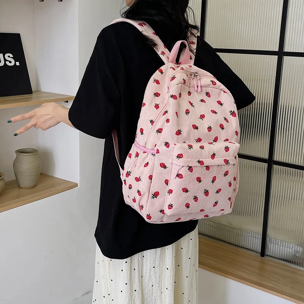 Kawaii Strawberry Corduroy Backpack 🍓✨ | Large Capacity Rucksack for Girls | Cute Casual Travel Bag 🎒💕