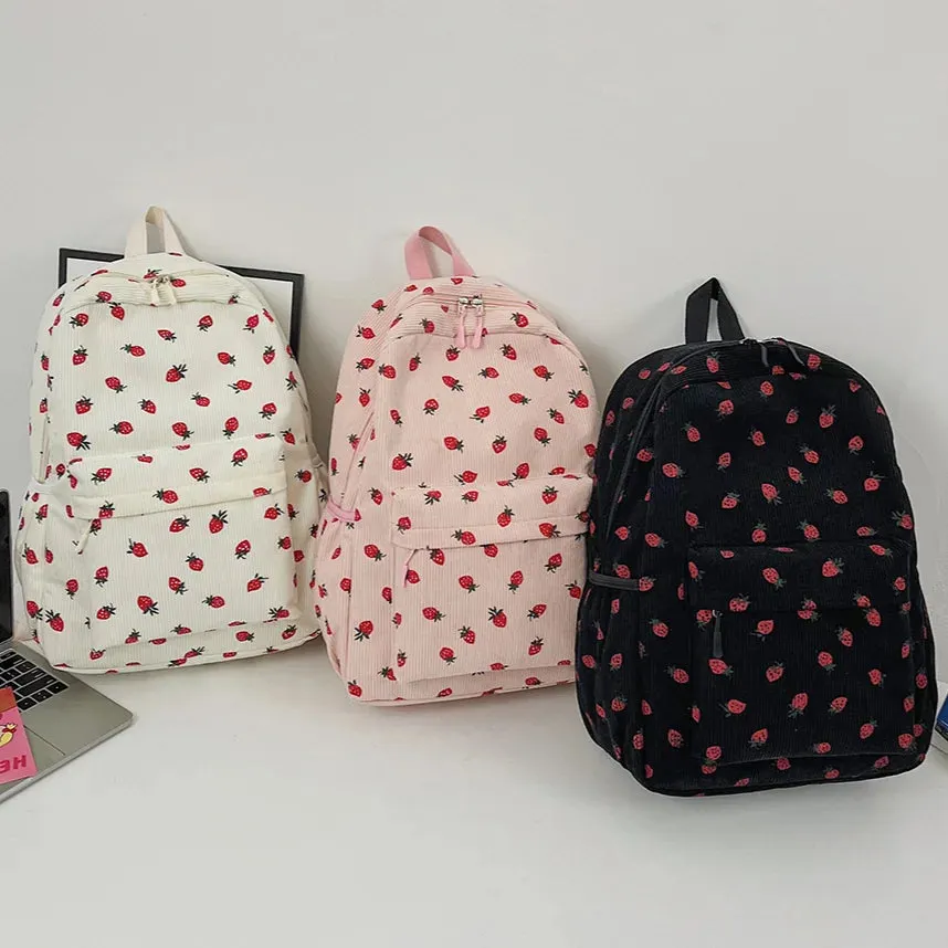 Kawaii Strawberry Corduroy Backpack 🍓✨ | Large Capacity Rucksack for Girls | Cute Casual Travel Bag 🎒💕