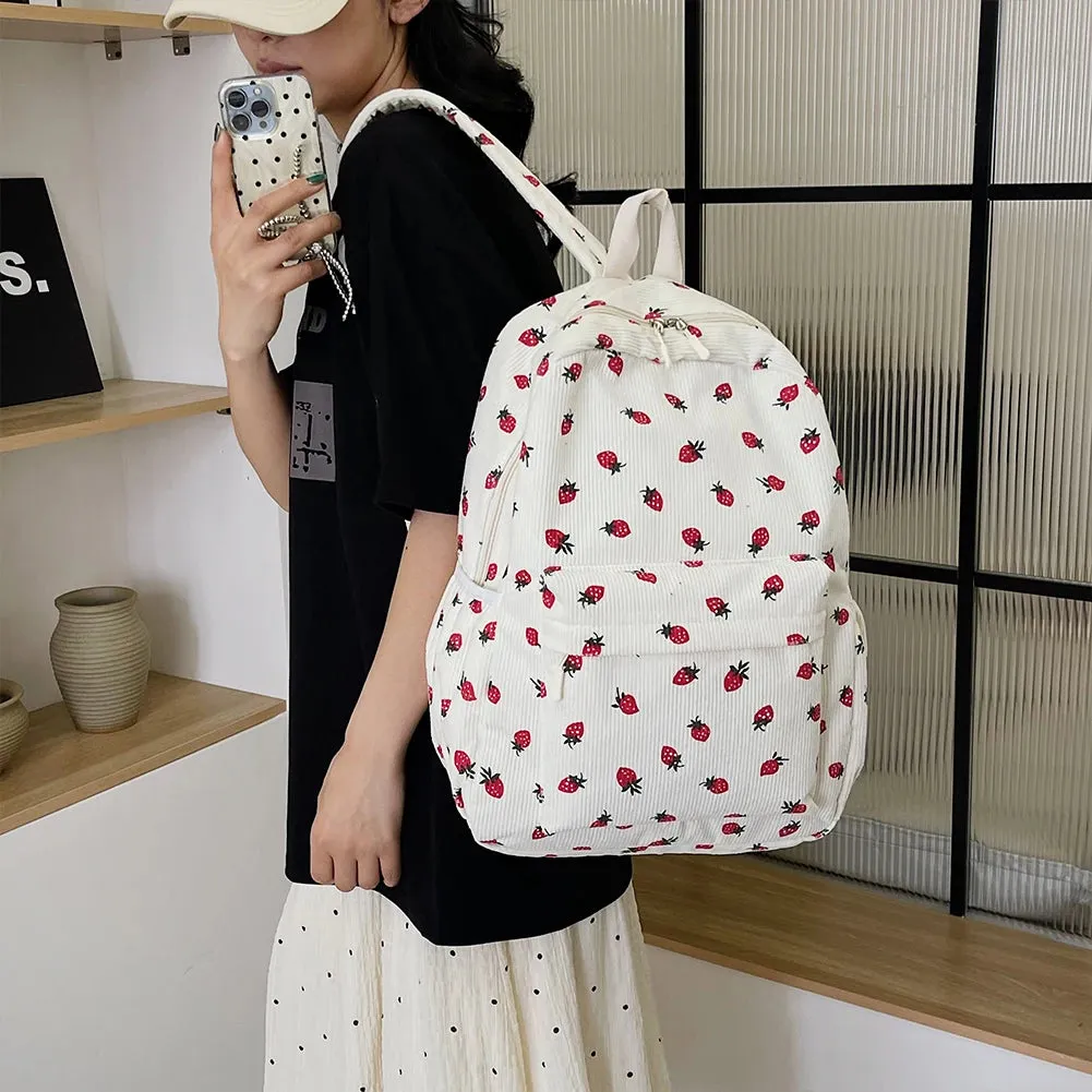 Kawaii Strawberry Corduroy Backpack 🍓✨ | Large Capacity Rucksack for Girls | Cute Casual Travel Bag 🎒💕