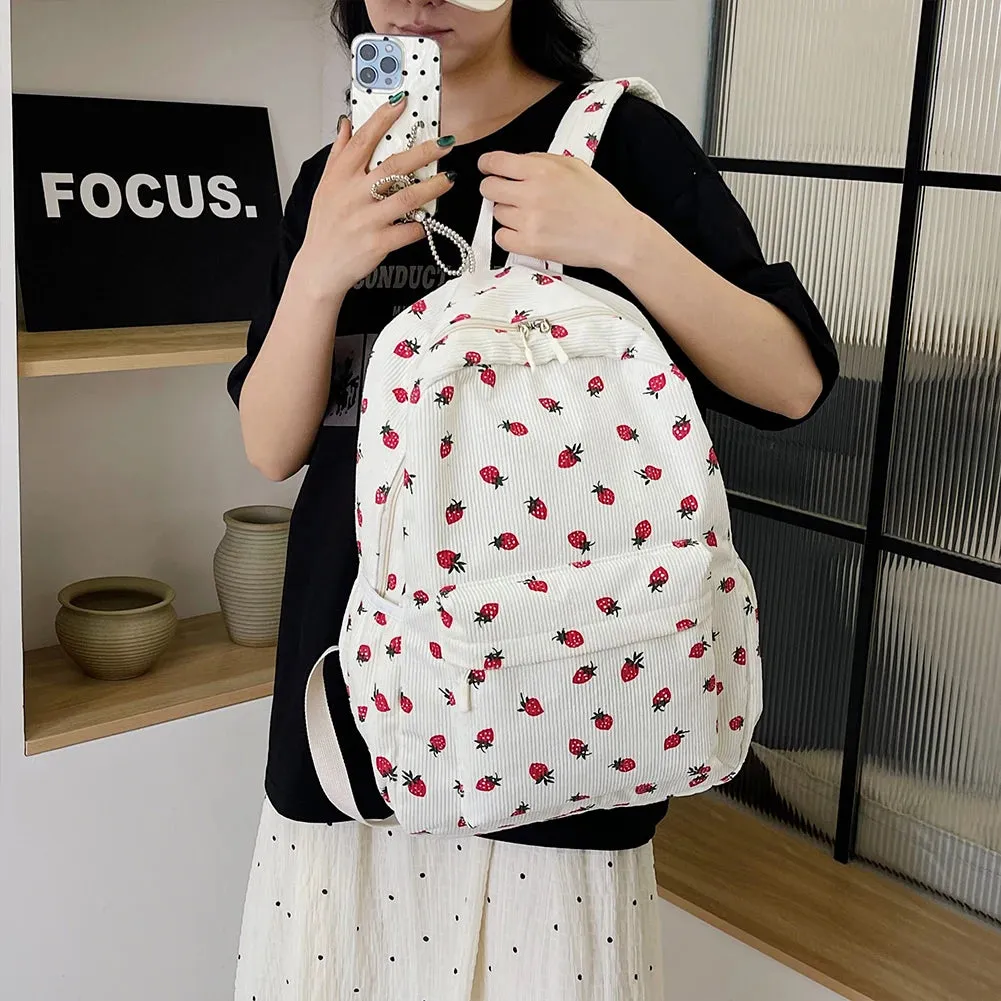 Kawaii Strawberry Corduroy Backpack 🍓✨ | Large Capacity Rucksack for Girls | Cute Casual Travel Bag 🎒💕