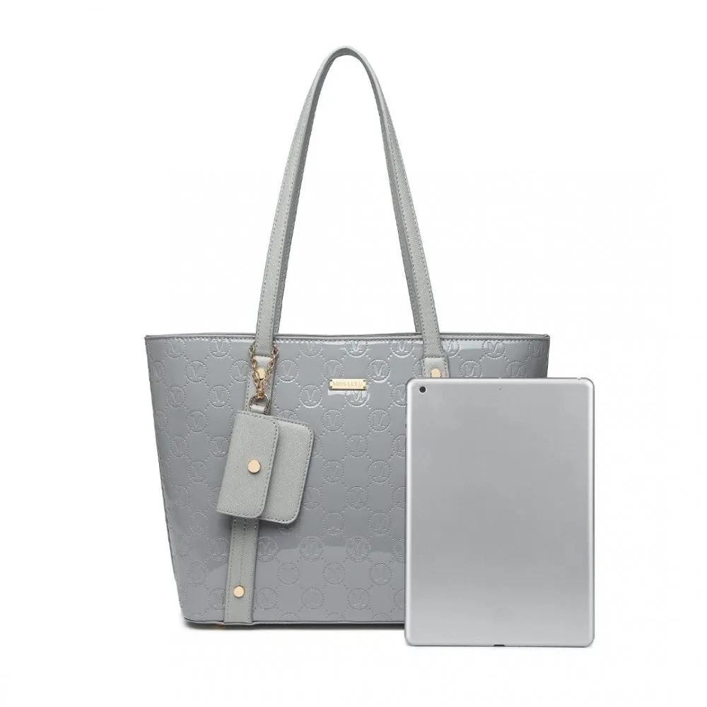 Ld2217 - Miss Lulu 4 Pieces Glossy Leather Tote Bag Set - Grey