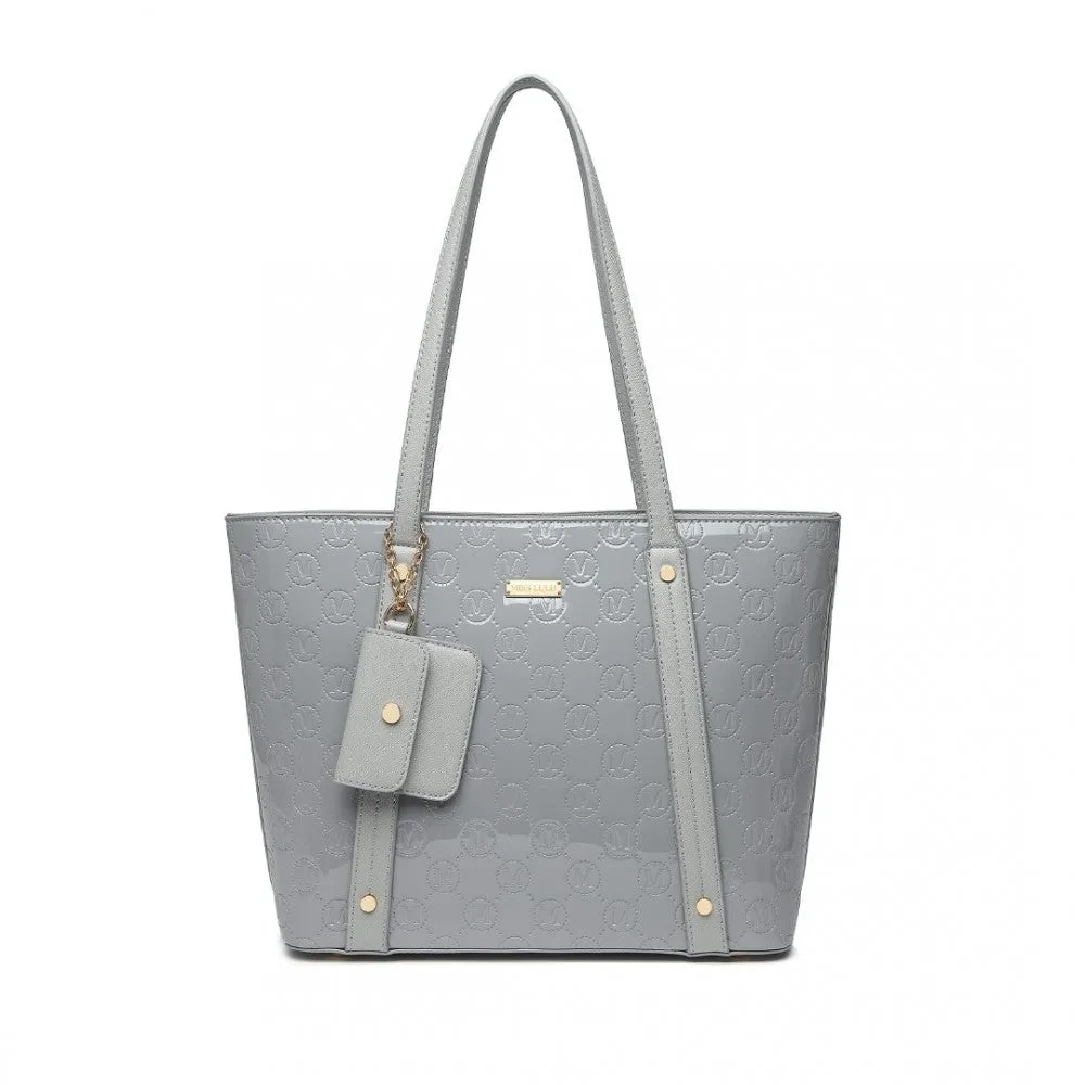 Ld2217 - Miss Lulu 4 Pieces Glossy Leather Tote Bag Set - Grey