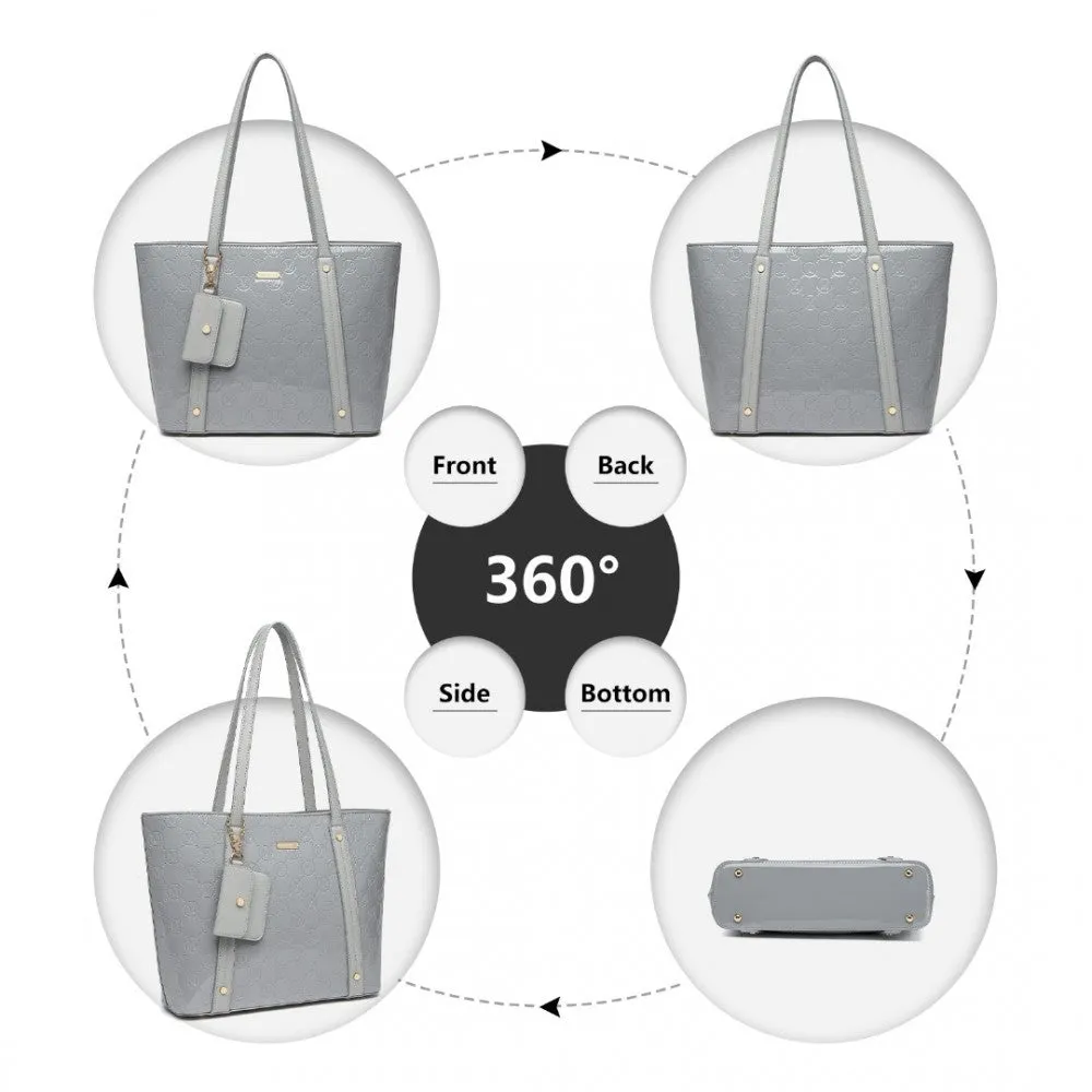 Ld2217 - Miss Lulu 4 Pieces Glossy Leather Tote Bag Set - Grey
