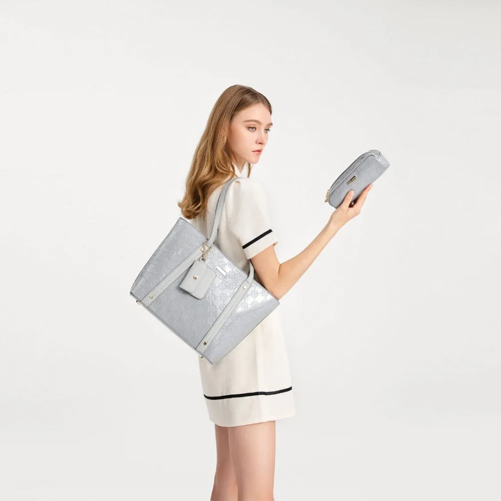 Ld2217 - Miss Lulu 4 Pieces Glossy Leather Tote Bag Set - Grey