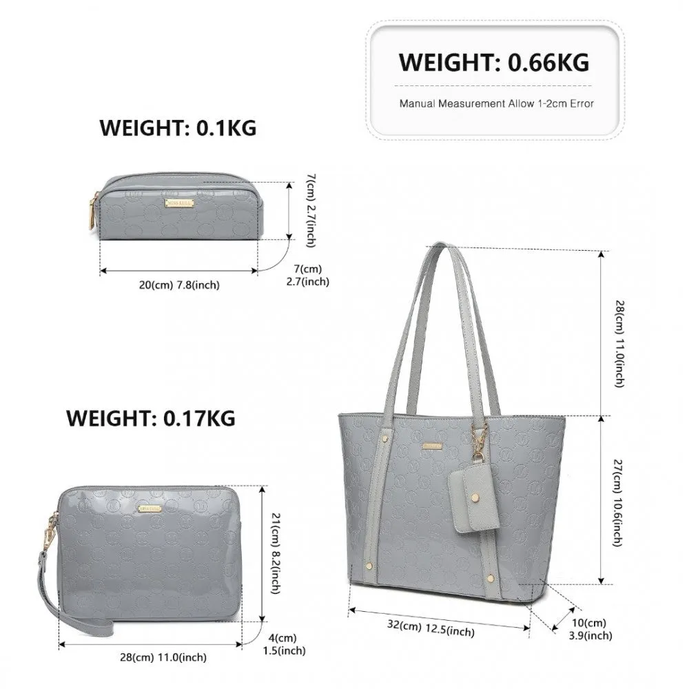 Ld2217 - Miss Lulu 4 Pieces Glossy Leather Tote Bag Set - Grey