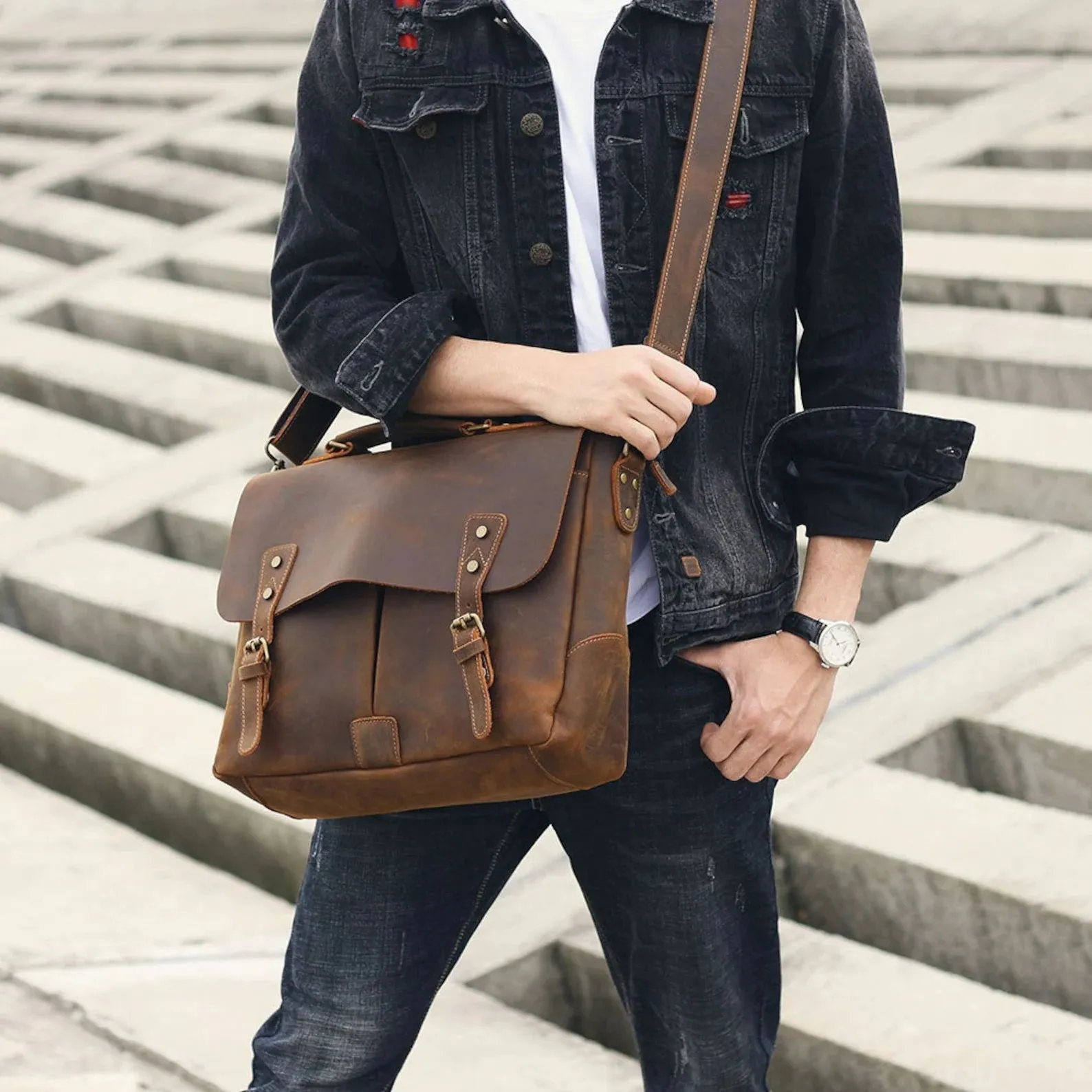 Leather Briefcase Messenger Bag