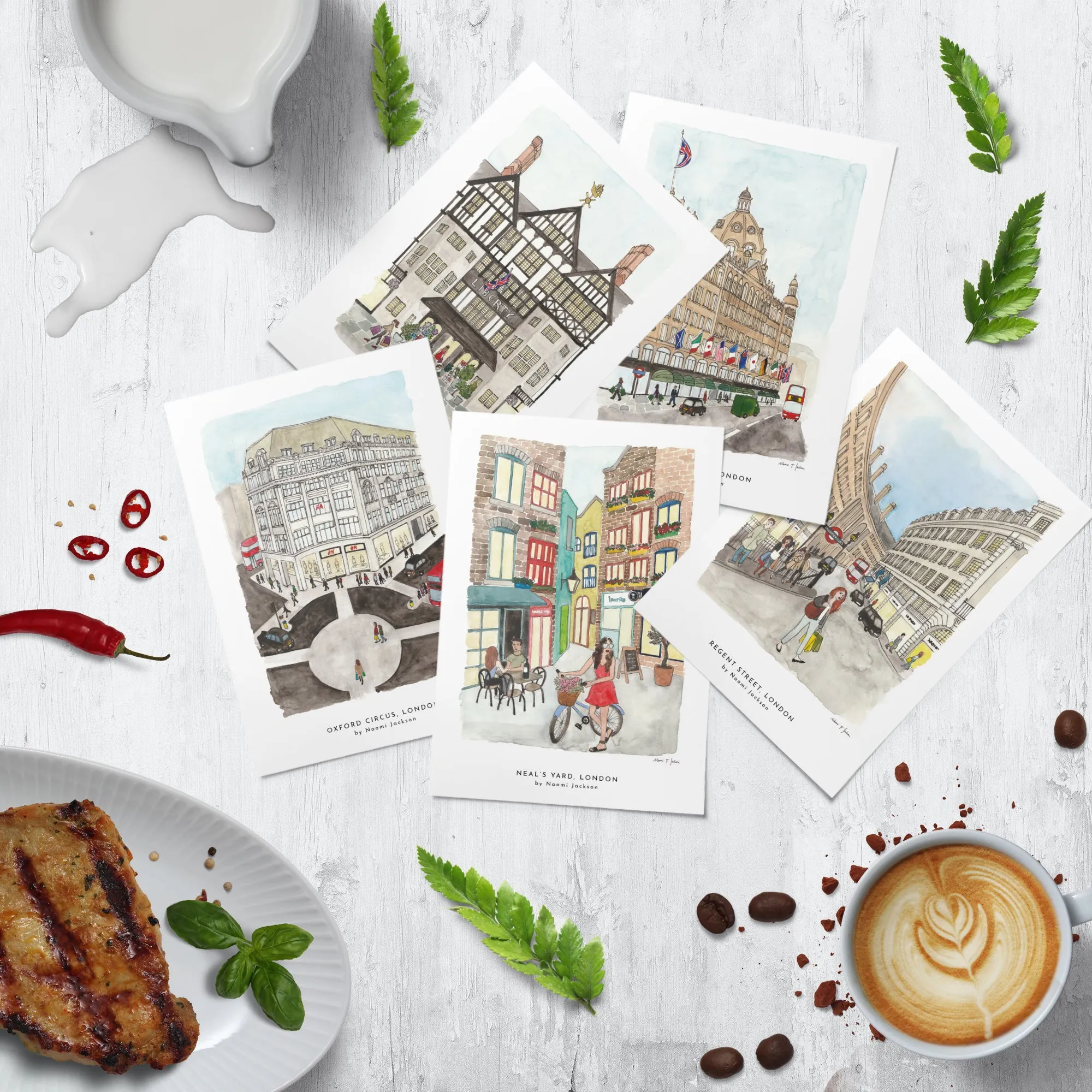 'London Shopping' Set of 5 printed cards