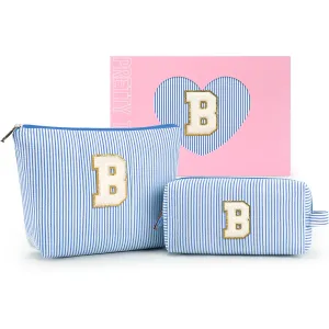 mibasies 2 PCS Initial Makeup Bags for Women: Cosmetic Bag for Travel Toiletry - Birthday Gifts for Girls Sister Wife Friend Daughter - Preppy Teen Girl Gifts Trendy Stuff - Blue B