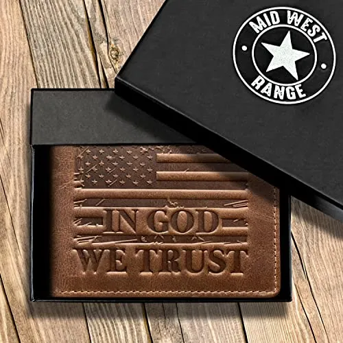 MID WEST RANGE American Flag Wallet - Western Wallet for Men - ‘IN GOD WE TRUST’ - RFID Blocking & 9 Card Slots - Distressed Leather Patriotic American Flag Cowboy Wallet
