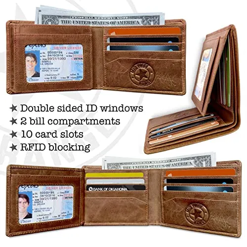 MID WEST RANGE American Flag Wallet - Western Wallet for Men - ‘IN GOD WE TRUST’ - RFID Blocking & 9 Card Slots - Distressed Leather Patriotic American Flag Cowboy Wallet