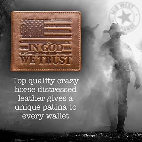 MID WEST RANGE American Flag Wallet - Western Wallet for Men - ‘IN GOD WE TRUST’ - RFID Blocking & 9 Card Slots - Distressed Leather Patriotic American Flag Cowboy Wallet