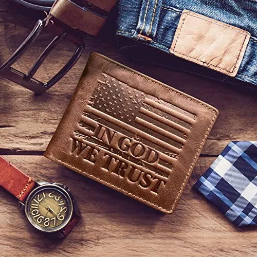 MID WEST RANGE American Flag Wallet - Western Wallet for Men - ‘IN GOD WE TRUST’ - RFID Blocking & 9 Card Slots - Distressed Leather Patriotic American Flag Cowboy Wallet