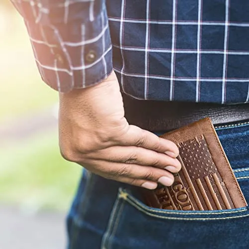 MID WEST RANGE American Flag Wallet - Western Wallet for Men - ‘IN GOD WE TRUST’ - RFID Blocking & 9 Card Slots - Distressed Leather Patriotic American Flag Cowboy Wallet
