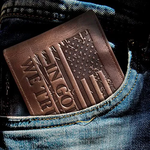 MID WEST RANGE American Flag Wallet - Western Wallet for Men - ‘IN GOD WE TRUST’ - RFID Blocking & 9 Card Slots - Distressed Leather Patriotic American Flag Cowboy Wallet