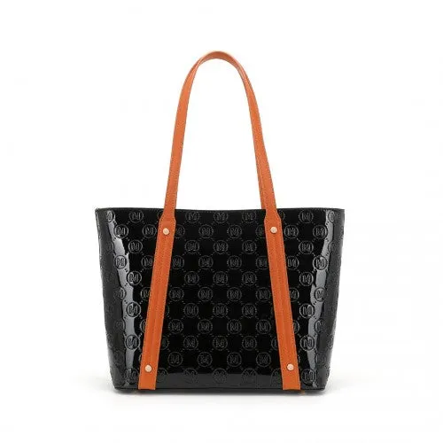 Miss Lulu 4 Pieces Glossy Leather Tote Bag Set - Black And Brown
