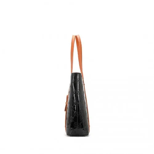 Miss Lulu 4 Pieces Glossy Leather Tote Bag Set - Black And Brown