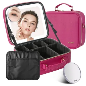 Mocado Travel Makeup Bag with LED Lighted Mirror,Travel Makeup Organizer,Makeup Case with 3 Color Lighted Setting and 10x Magnifying Mirror,Portable Storage and Adjustable Dividers Makeup Box(Violet)