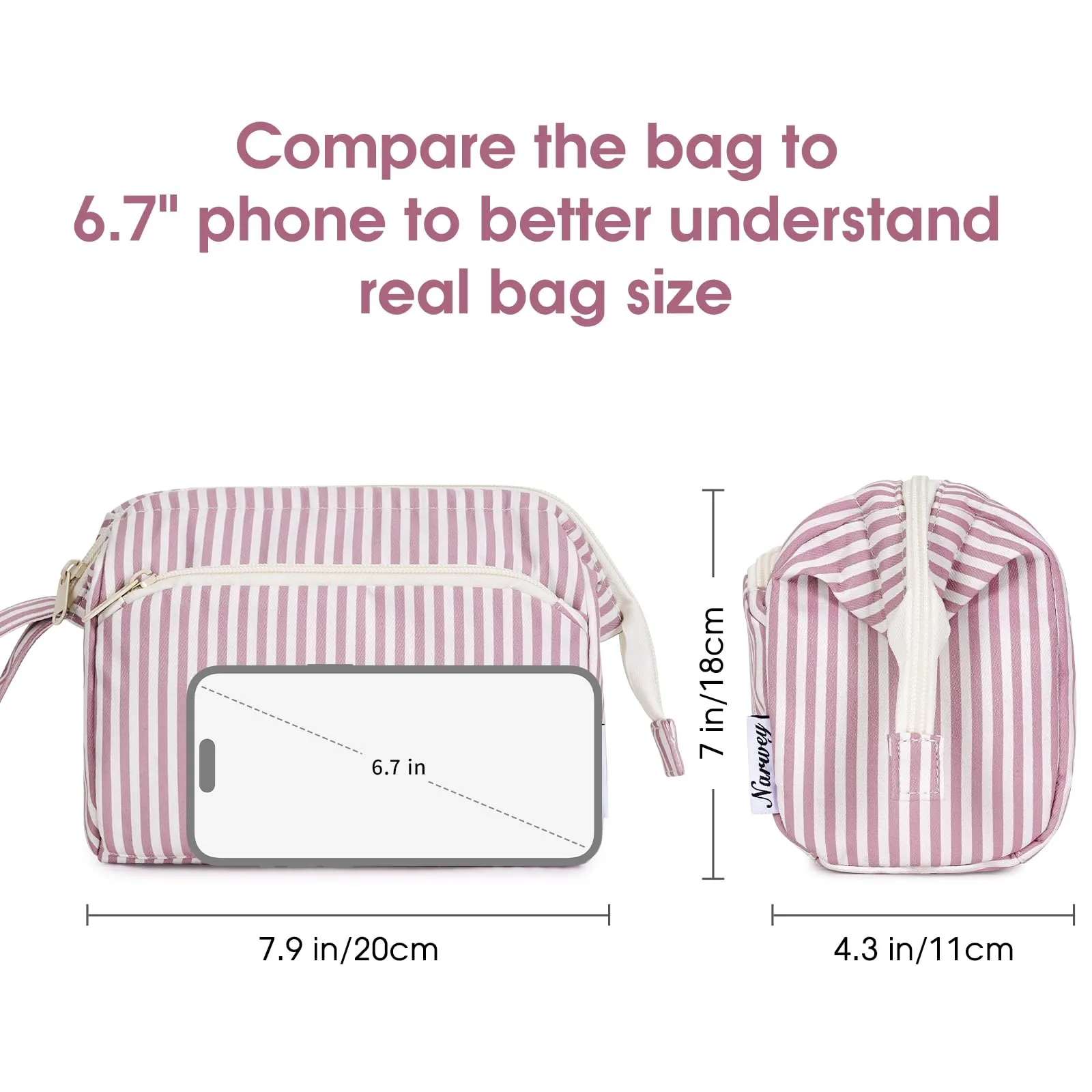 Narwey Striped Makeup Bag Women Wide-open Make up Bag Travel Cosmetic Bag Organizer Toiletry Bag for Cosmetics Toiletries Accessories (Dusty Rose Stripe)