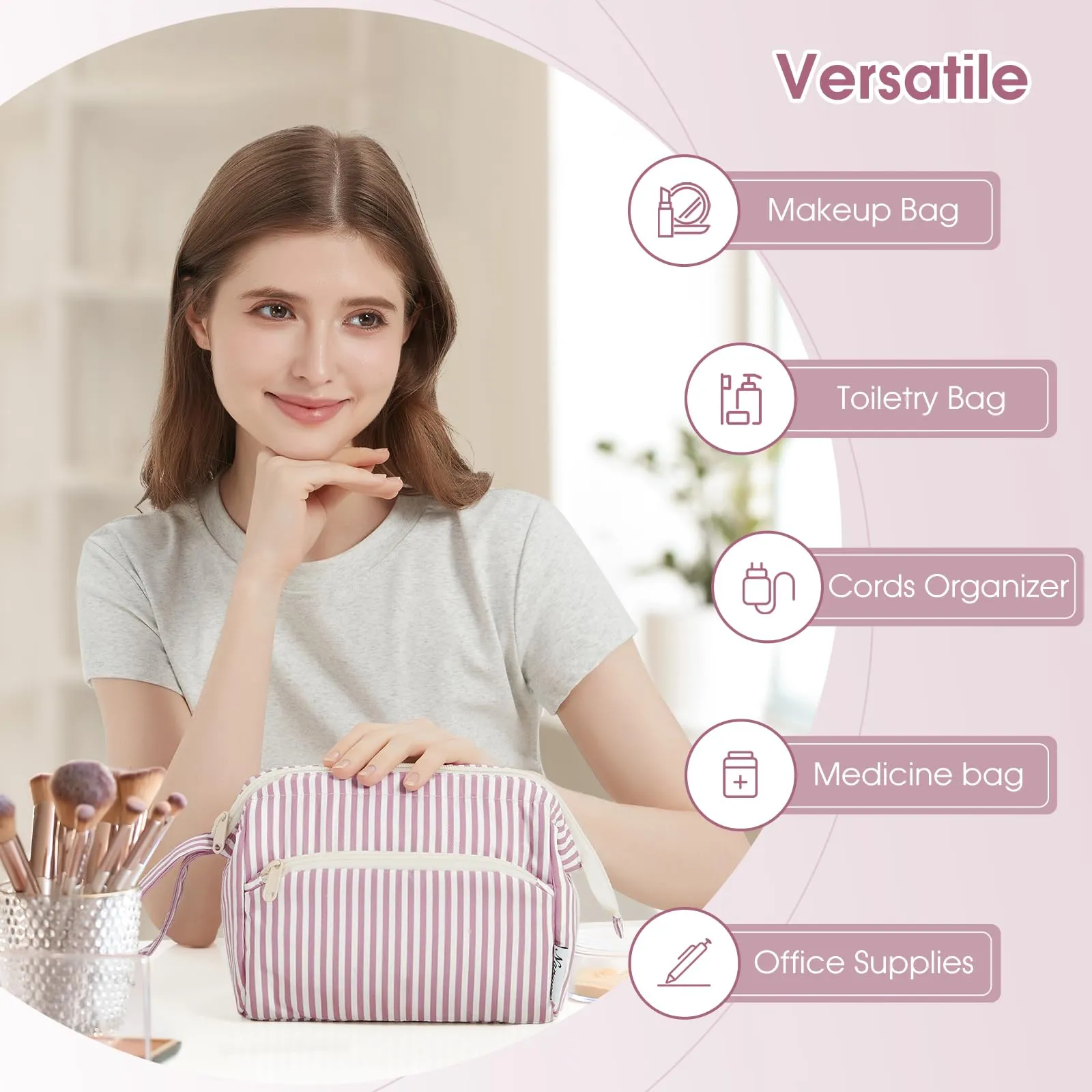 Narwey Striped Makeup Bag Women Wide-open Make up Bag Travel Cosmetic Bag Organizer Toiletry Bag for Cosmetics Toiletries Accessories (Dusty Rose Stripe)