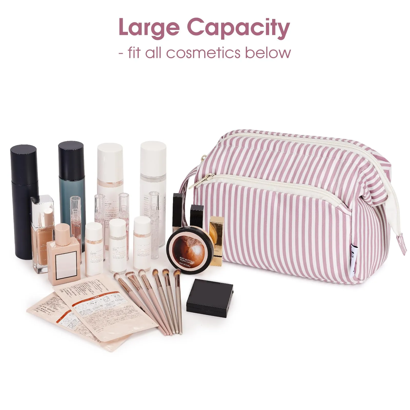 Narwey Striped Makeup Bag Women Wide-open Make up Bag Travel Cosmetic Bag Organizer Toiletry Bag for Cosmetics Toiletries Accessories (Dusty Rose Stripe)