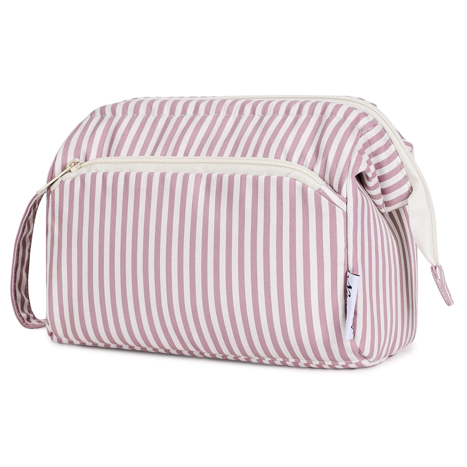 Narwey Striped Makeup Bag Women Wide-open Make up Bag Travel Cosmetic Bag Organizer Toiletry Bag for Cosmetics Toiletries Accessories (Dusty Rose Stripe)