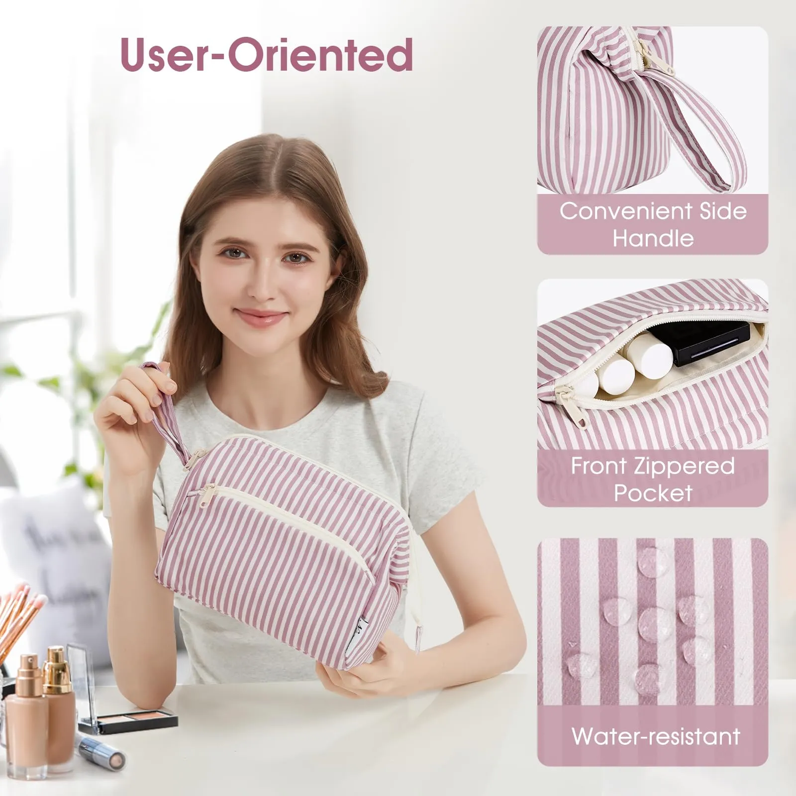 Narwey Striped Makeup Bag Women Wide-open Make up Bag Travel Cosmetic Bag Organizer Toiletry Bag for Cosmetics Toiletries Accessories (Dusty Rose Stripe)
