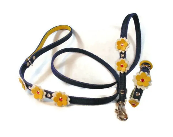 Penelope 5 Flower Denim & Leather Dog Leash with Crystals