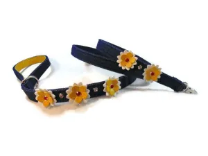 Penelope 5 Flower Denim & Leather Dog Leash with Crystals