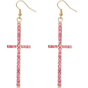Pink Iridescent Rhinestone Cross Earrings
