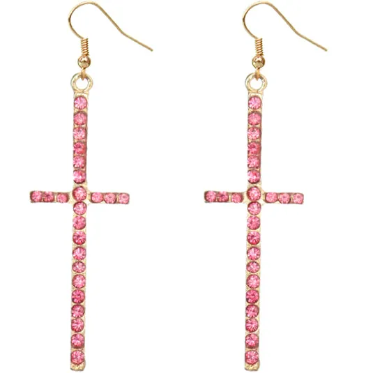 Pink Iridescent Rhinestone Cross Earrings