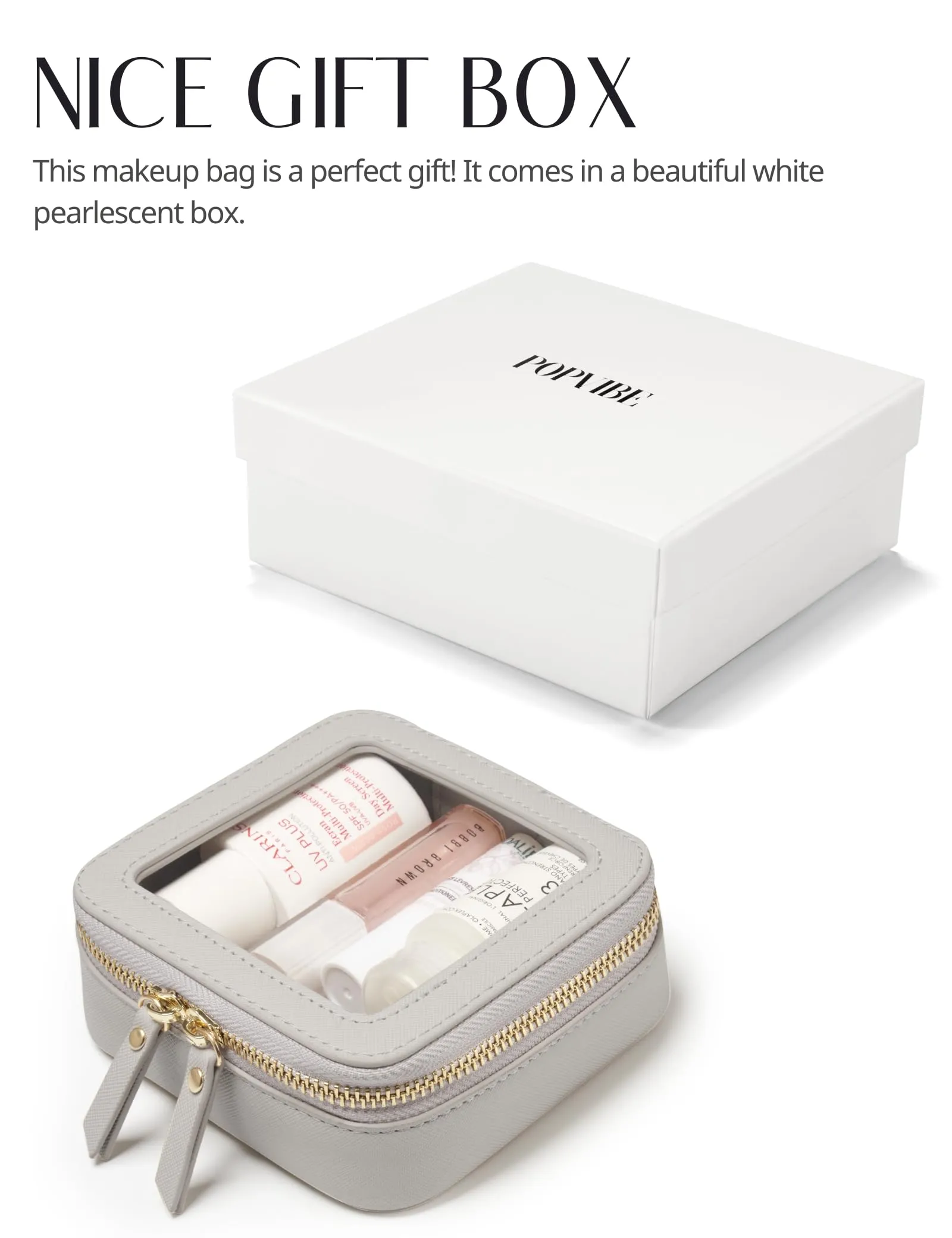 Popvibe Small Cosmetic Bag for Purse Mini Makeup Bag Cute Clear Make Up Pouch for Travel Tiny Leather White Make Up Organizer Case for Backpack Toiletry Bag Waterproof Square Pouch with Zipper