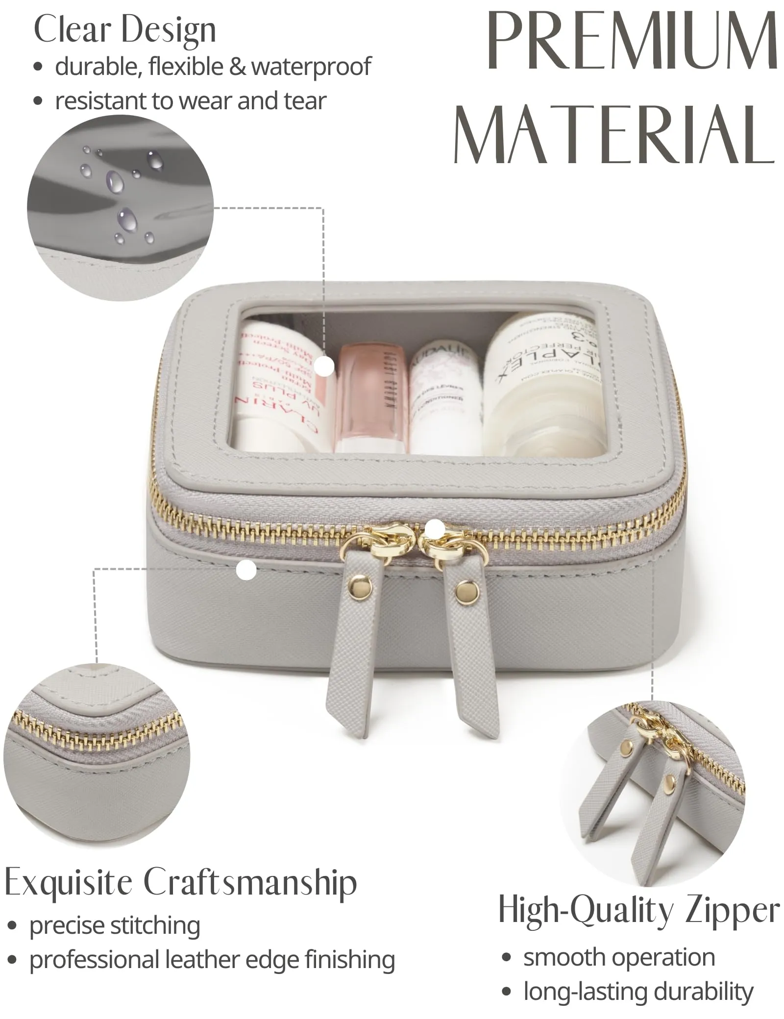 Popvibe Small Cosmetic Bag for Purse Mini Makeup Bag Cute Clear Make Up Pouch for Travel Tiny Leather White Make Up Organizer Case for Backpack Toiletry Bag Waterproof Square Pouch with Zipper