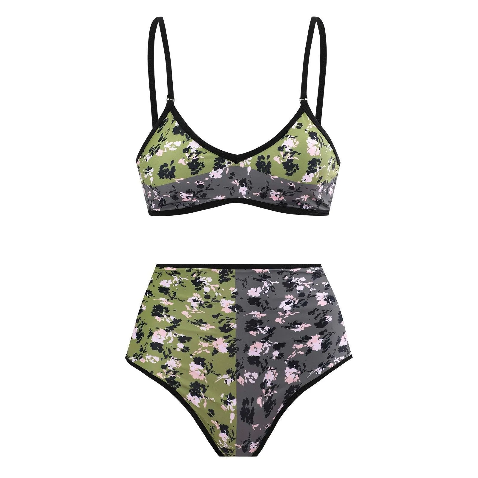 Printed Color-blocking Two-piece Bikini And Sarong Swimsuit Set - Picture 1 / S