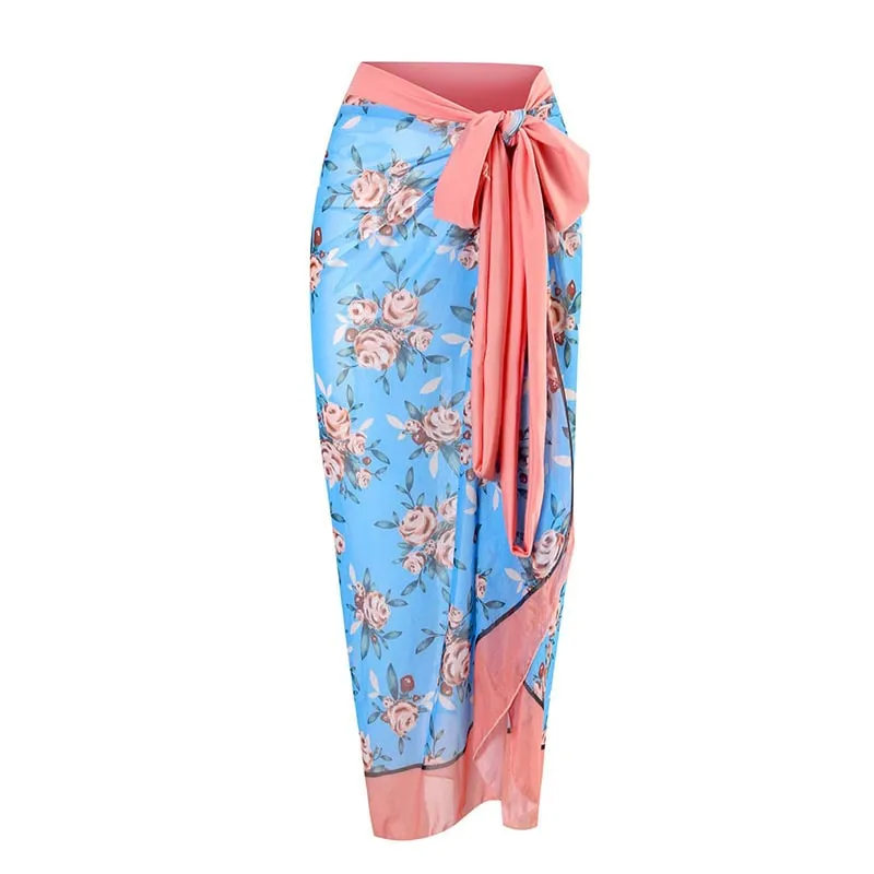 Printed Color-blocking Two-piece Bikini And Sarong Swimsuit Set - Picture 1 / S