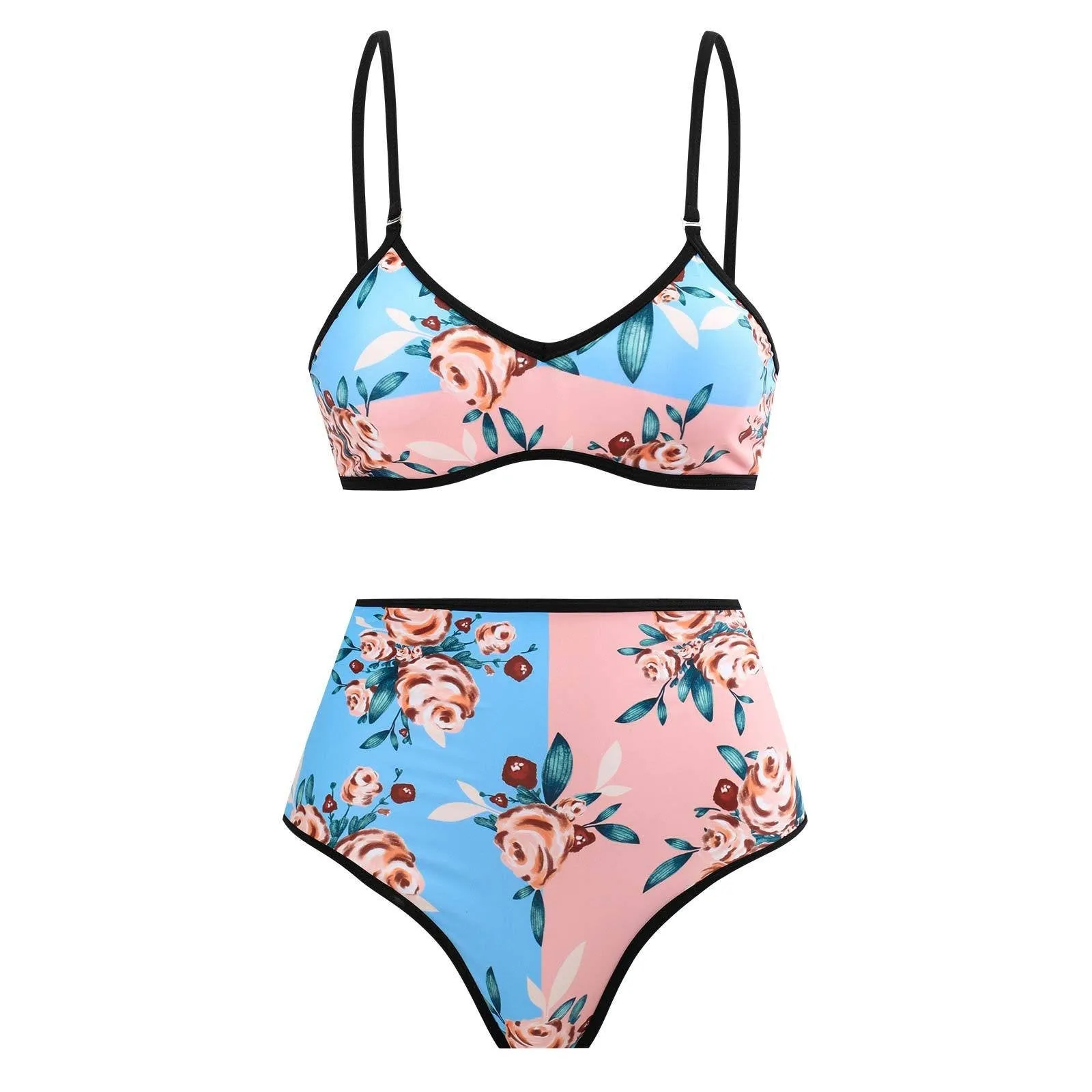 Printed Color-blocking Two-piece Bikini And Sarong Swimsuit Set - Picture 1 / S