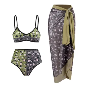 Printed Color-blocking Two-piece Bikini And Sarong Swimsuit Set - Picture 1 / S