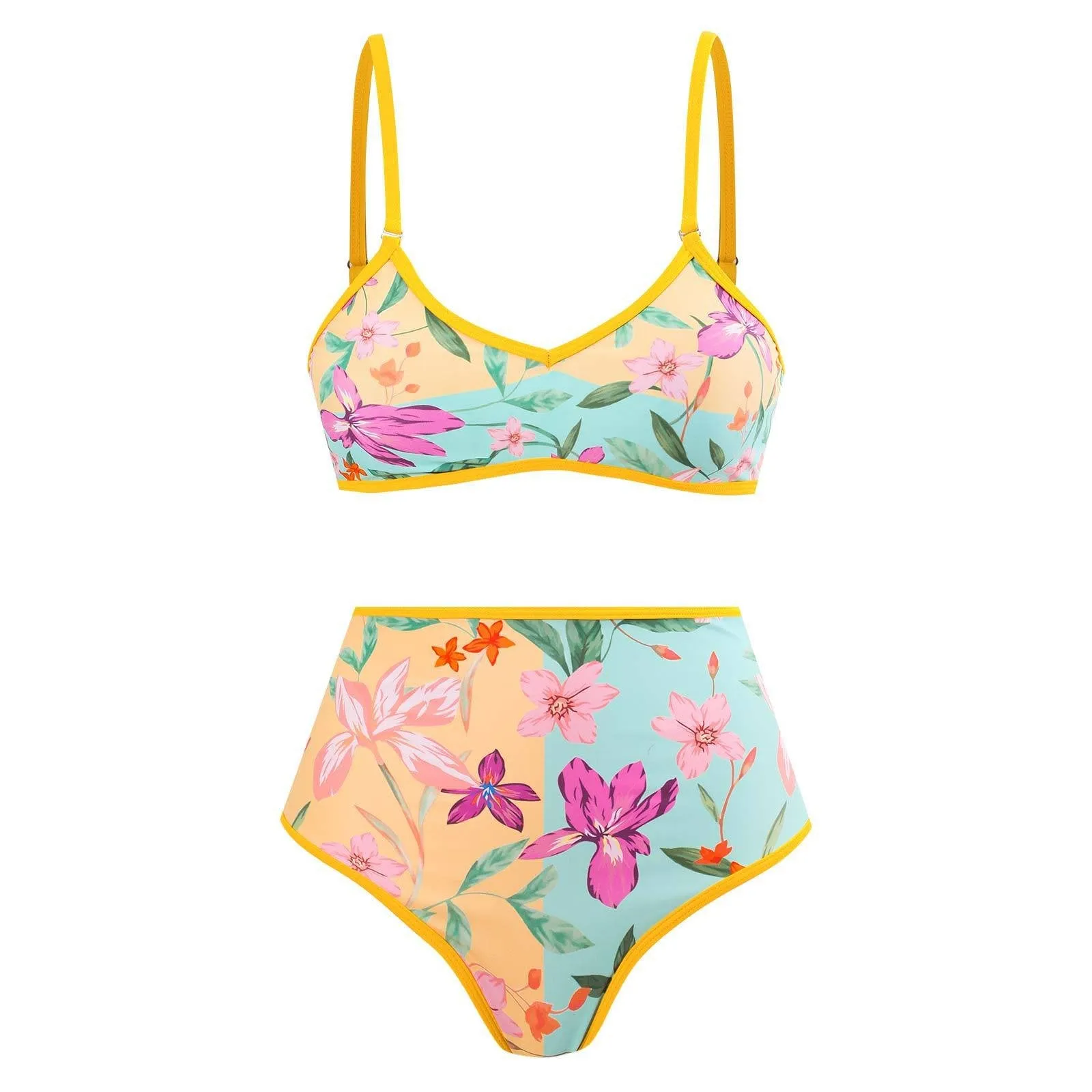 Printed Color-blocking Two-piece Bikini And Sarong Swimsuit Set - Picture 1 / S