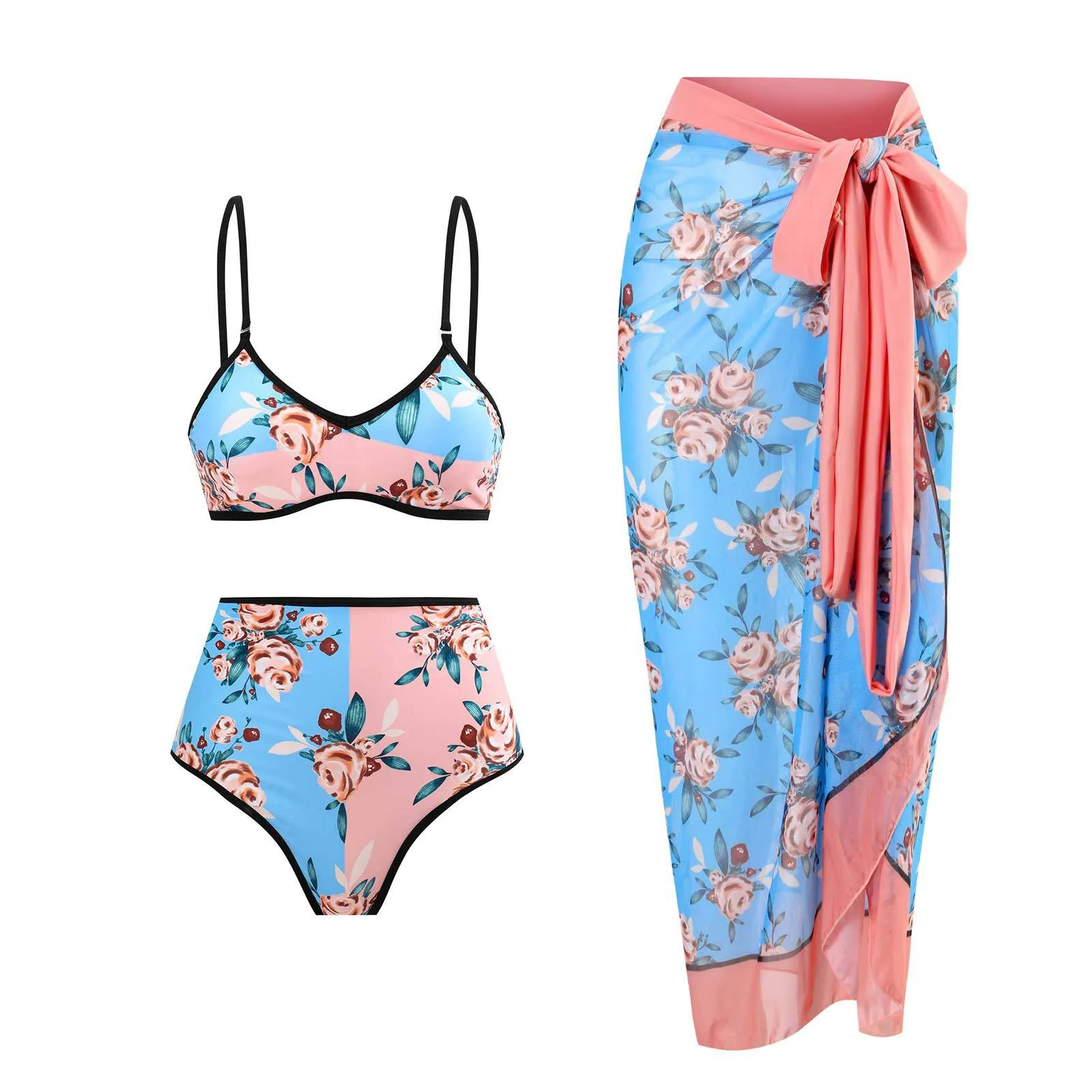 Printed Color-blocking Two-piece Bikini And Sarong Swimsuit Set - Picture 1 / S