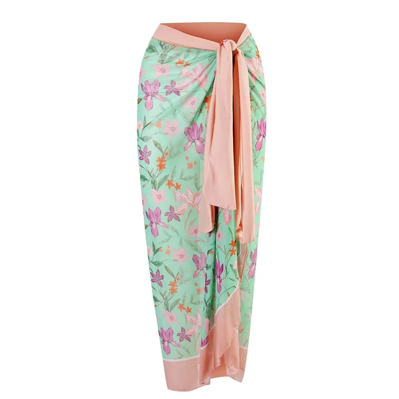 Printed Color-blocking Two-piece Bikini And Sarong Swimsuit Set - Picture 1 / S