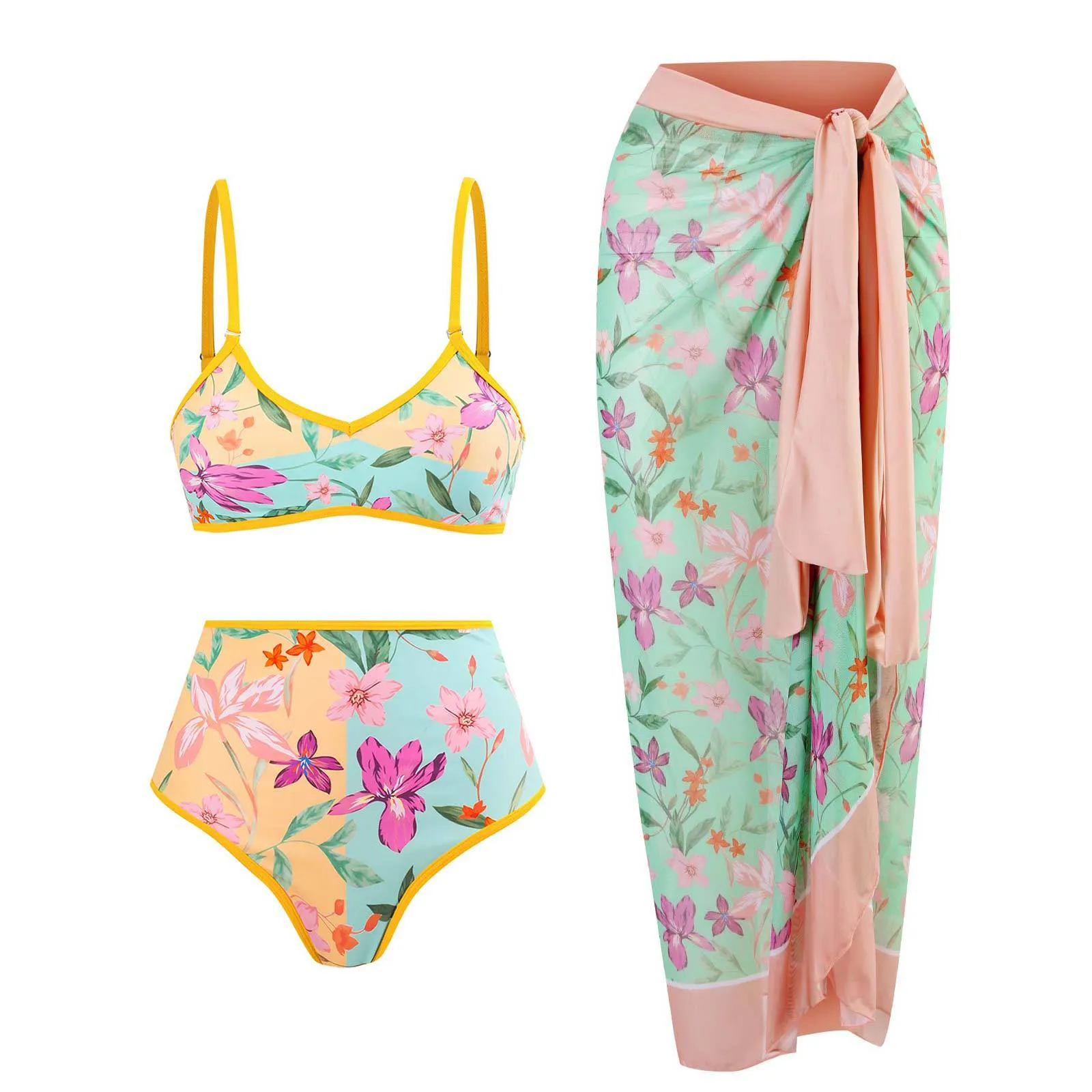 Printed Color-blocking Two-piece Bikini And Sarong Swimsuit Set - Picture 1 / S