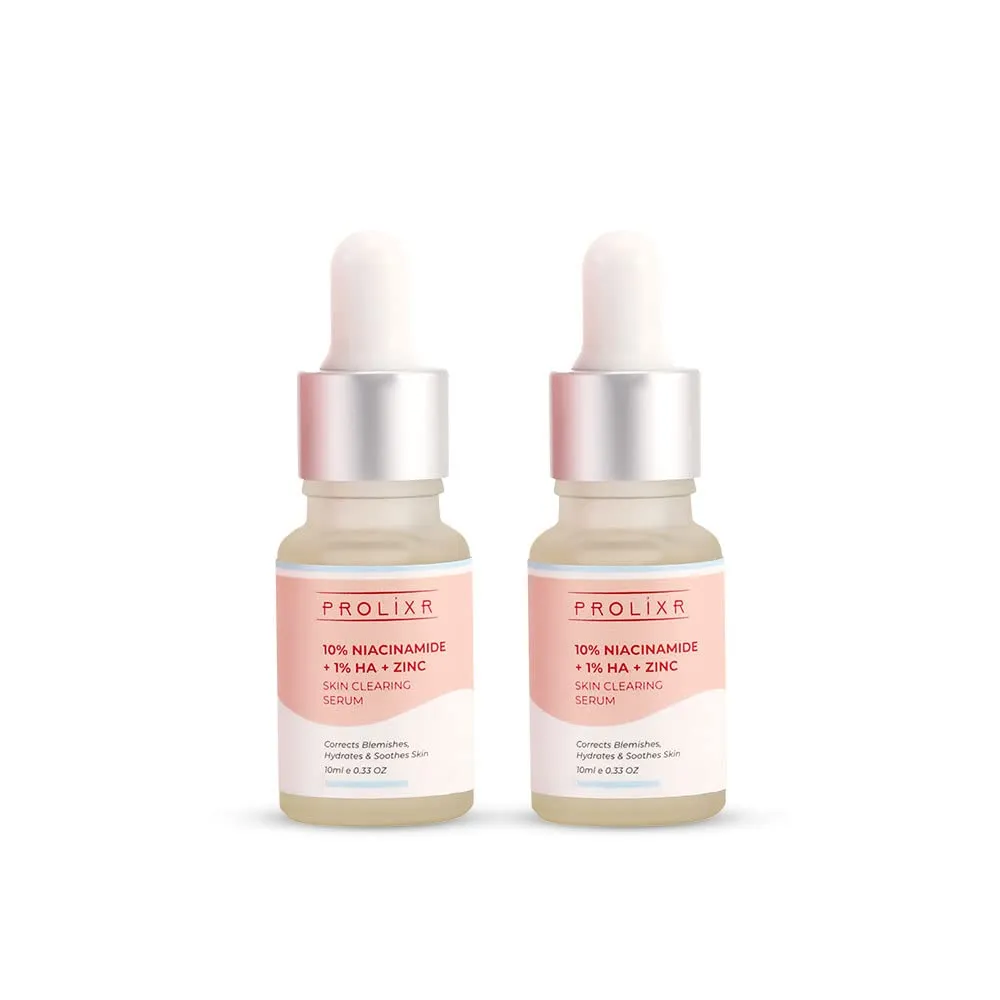 Prolixr 10% Niacinamide   1% Hyaluronic Acid   Zinc Skin Clearing Face Serum- For Acne Marks, Blemishes & Oil Balancing- All Skin Types - 10 Ml - Travel Friendly - Pack Of 2 Mini Serums