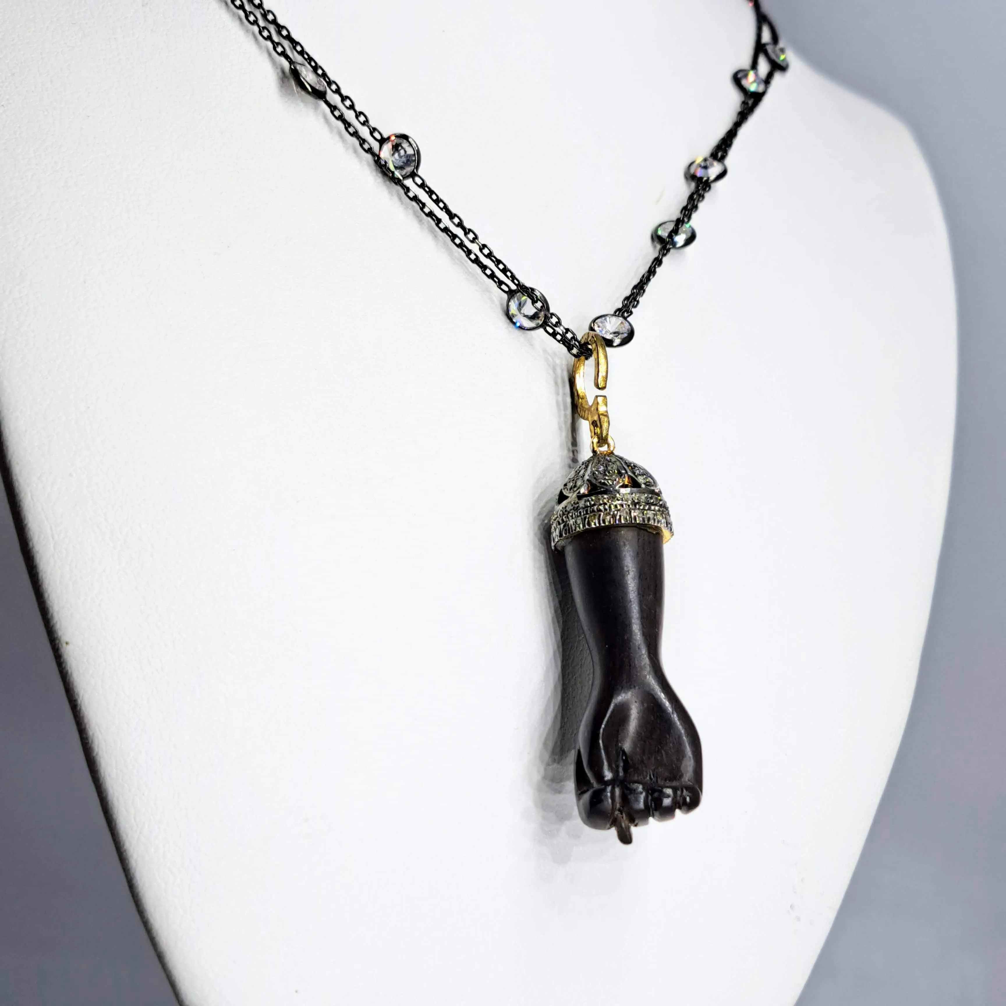 "Figa De La Femme" Pendant Necklace - Ebony, Raw Diamonds, Sterling